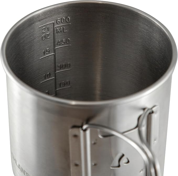 Coghlan's Stainless Steel Camp Mug/Pot – 600 mL (21 oz.) Lightweight Outdoor Cooking Pot & Cup with Folding Handles & Measurement Markings – Durable Backpacking, Hiking & Camping Cookware