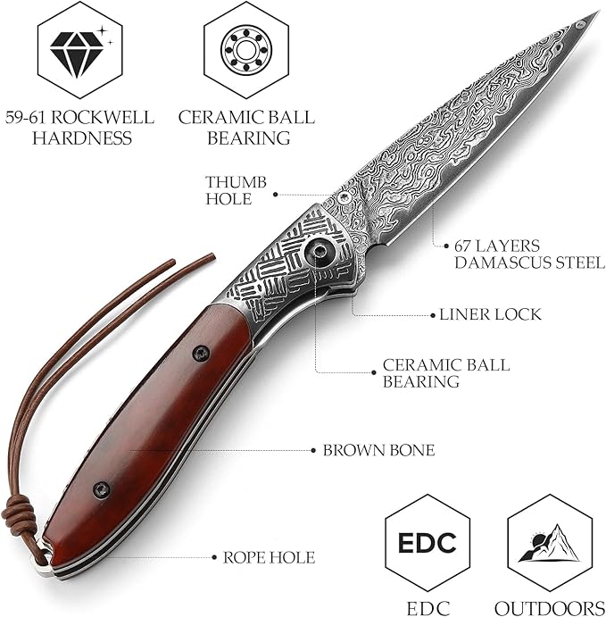 3.15" Handmade Damascus Folding Pocket Knife，EDC Knives Gift for Men，Brown Bone Handle，Ceramic Bearings，Thumb Stud, Steel Bolster, Liner Lock.Piscis Austrinus-02B