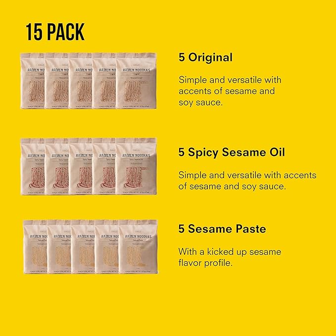 Public Goods Ramen Noodles | Brothless Vegan & Vegetarian Instant Ramen | Healthy, High Protein Asian Noodle | Preservative Free | No Added MSG | Original, Sesame Paste & Spicy Sesame Oil (15 Pack)
