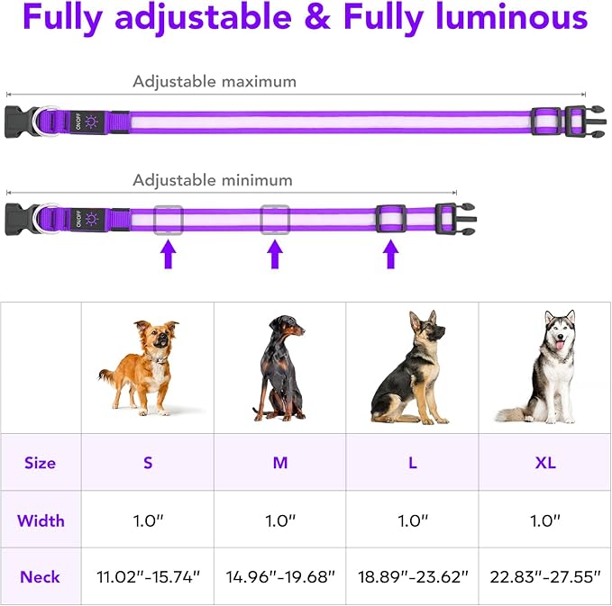 VIZPET LED Dog Collar, Light Up Dog Collar Adjustable USB Rechargeable Super Bright Safety Light Glowing Collars for Dogs (Purple, Large[18.89-23.62 inch/48-60cm])