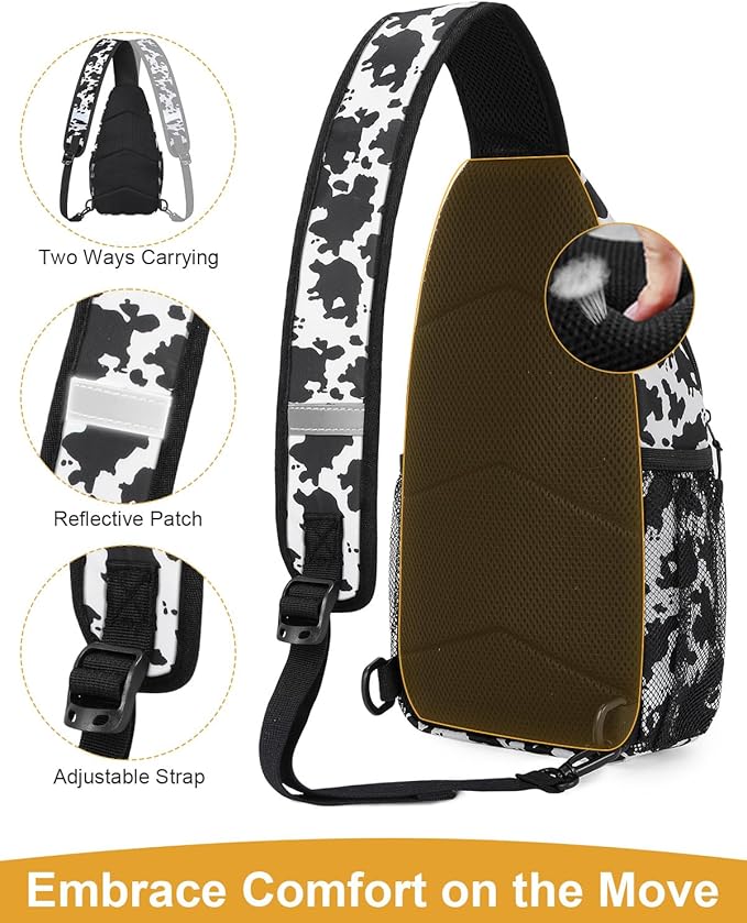 Medium Crossbody Bags for Women Man Waterproof Sling Bag Backpack with Convertible Shoulder Strap Chest Bag for Camping Hiking Travel Essentials (Cow Print)