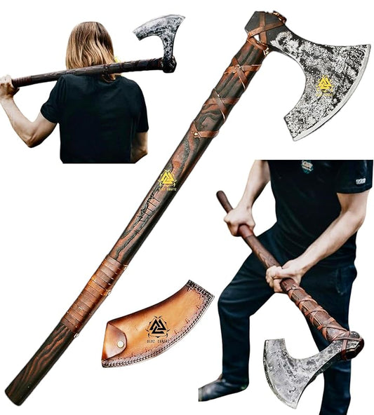 -Two Handed Berserker Axes Handmade Viking Axe Hatchet Norse Axe- 40" Long Two-Handed Berserker Axe Forged Axe - Bearded Axe - with Sheath(Large NorseAxe)