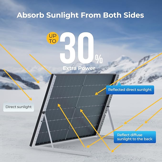 BougeRV Bifacial 400 Watts 10BB Mono Solar Panel, All Black Frame Monocrystalline Technology Work with 12/24 Volts Charger for RV Camping Home Boat Marine Off-Grid, 67.9 x 44.6 x 1.4 in