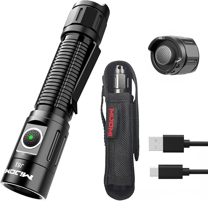 J81 Tactical Rechargeable Flashlight with Holster, 1300 Lumen Super Bright IP68 Waterproof Dual Button Flashlight for Tactical Games Outdoor