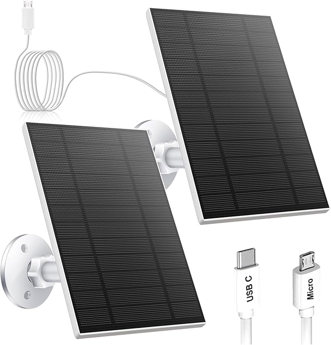 2PC 5W Solar Panel for Security Camera, Solar Panel with Micro USB & USB-C Port for DC 5V Outdoor Rechargeable Battery Camera, IP65 Waterproof, 360° Adjustable Security Mount, 9.8ft Cable