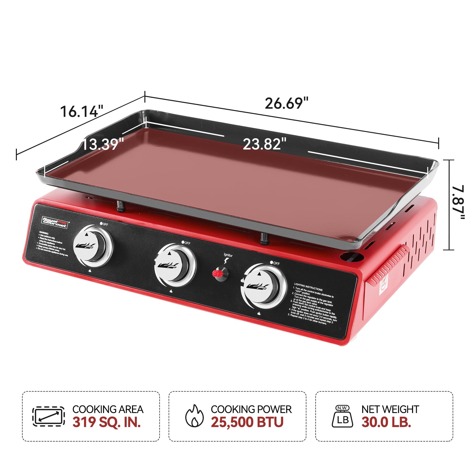 Royal Gourmet PD1301R 3-Burner Tabletop Propane Gas Griddle with Cover