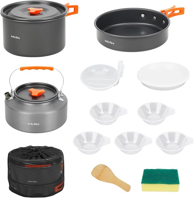 Onlyfire 14pcs Camping Cookware Mess Kit, Non-Stick Lightweight Pot Pan Kettle Set with Plates Forks Knives Spoons for Camping, Backpacking, Outdoor Cooking and Picnic CT604