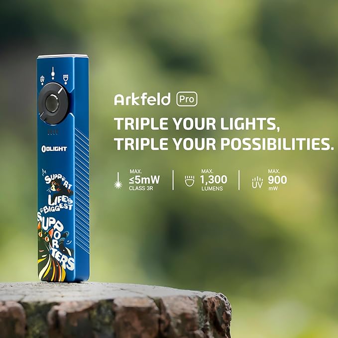 OLIGHT Arkfeld Pro Rechargeable EDC Flat Flashlight with Green Beam, UV and White LED Combo, 1300 Lumens Portable Pocket Lights, Triple Sources for Outdoors Emergency Working (Paw Edition)