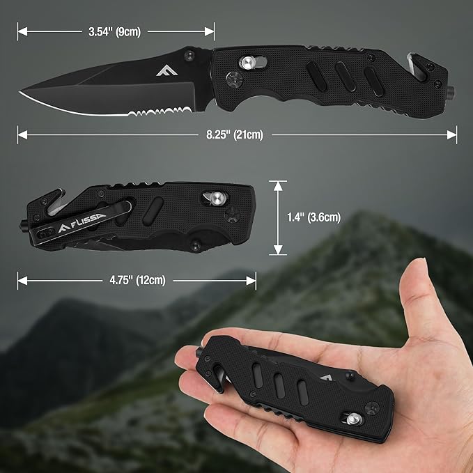 FLISSA Folding Pocket Knife with Clip, Glass Breaker and Seatbelt Cutter, Survival Knife for Emergency Rescue Situations, EDC Knife for Tactical, Hunting, Camping, Outdoor, Unique Gifts for Dad, Father-Black