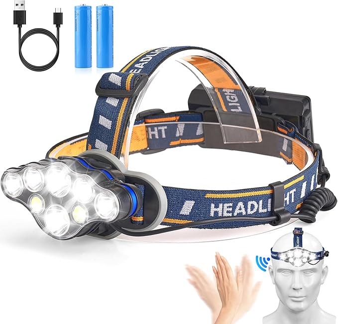 Rechargeable Headlamp,18000 Lumen Bright 8 Led Head Lamp, 16 Modes Adjustable Motion Sensor Headlight with Red Light, Waterproof Head Flashlight for Outdoor Hiking Camping Blue