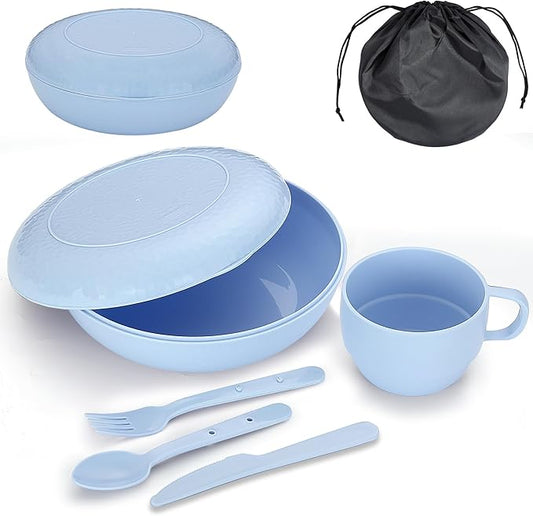 Evanda Camping Mess Kit with Bowl, Plate, Cup, Spoon, Fork, Knife and Carry Bag, Reusable Camping Accessories Essentials Gear Light Weight and Small Space Easy to Carry or Put in Backpack