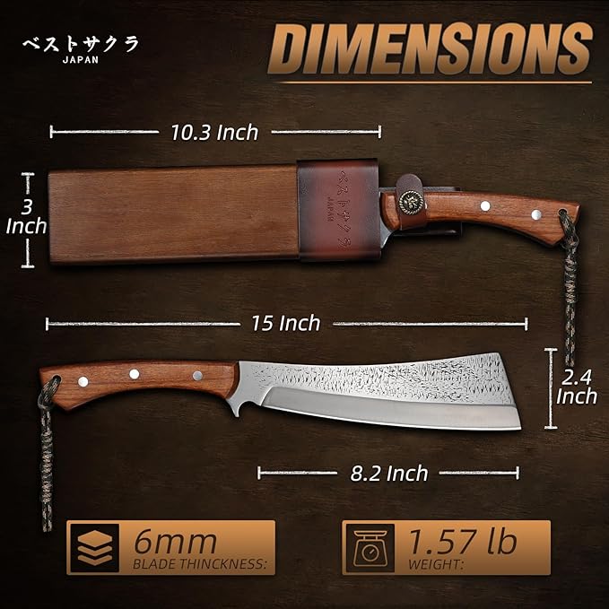 Purple Dragon Heavy Duty Machete for Cutting Trees & Yard Work - Camping/Survival Knife with Solid Wood Sheath - Bushcraft & Brush Clearing - 15 Inch
