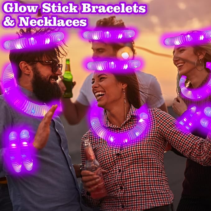 Glow Party Favors Supplies for Kids, 12 PCS Purple Light Up Glow Sticks Necklaces Bracelets Accessories for Toddlers, Glow Birthday Camping Wedding Halloween Party Decorations for Boys Girls