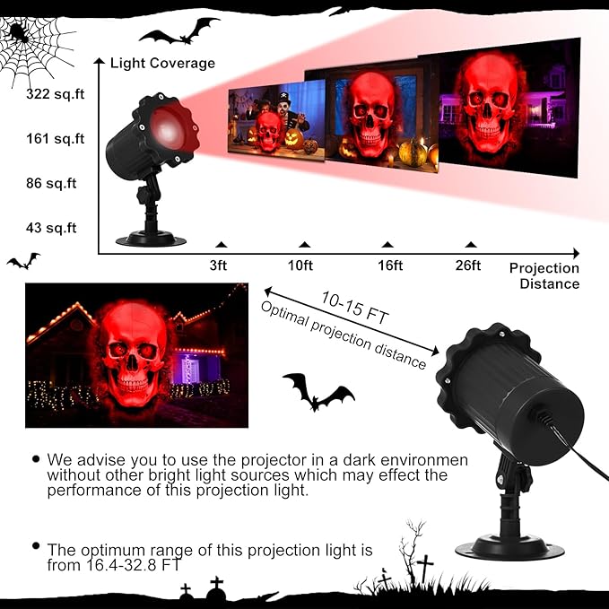 Treela Halloween Projector Lights Outdoor Indoor Dynamic Ghost Skull Lights Decoration Outside LED Landscape Lamp for Holiday Garden Supplies(Red,Skull)