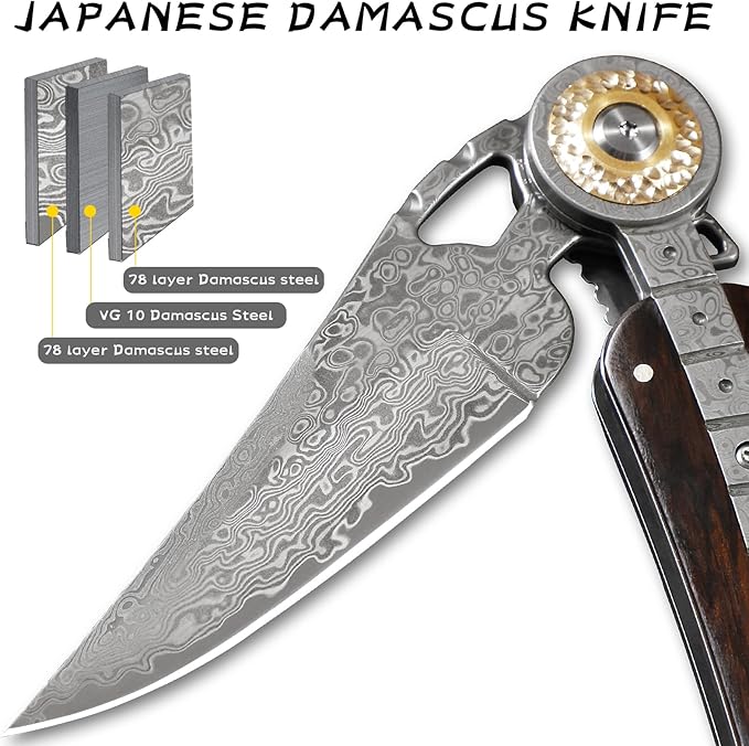 Handmade Damascus Steel Folding Pocket Knife，Feather shape 3.4in Blade Men's Pocket Knife，With knife sheath，Ebony Handle，Home & Outdoor EDC knife