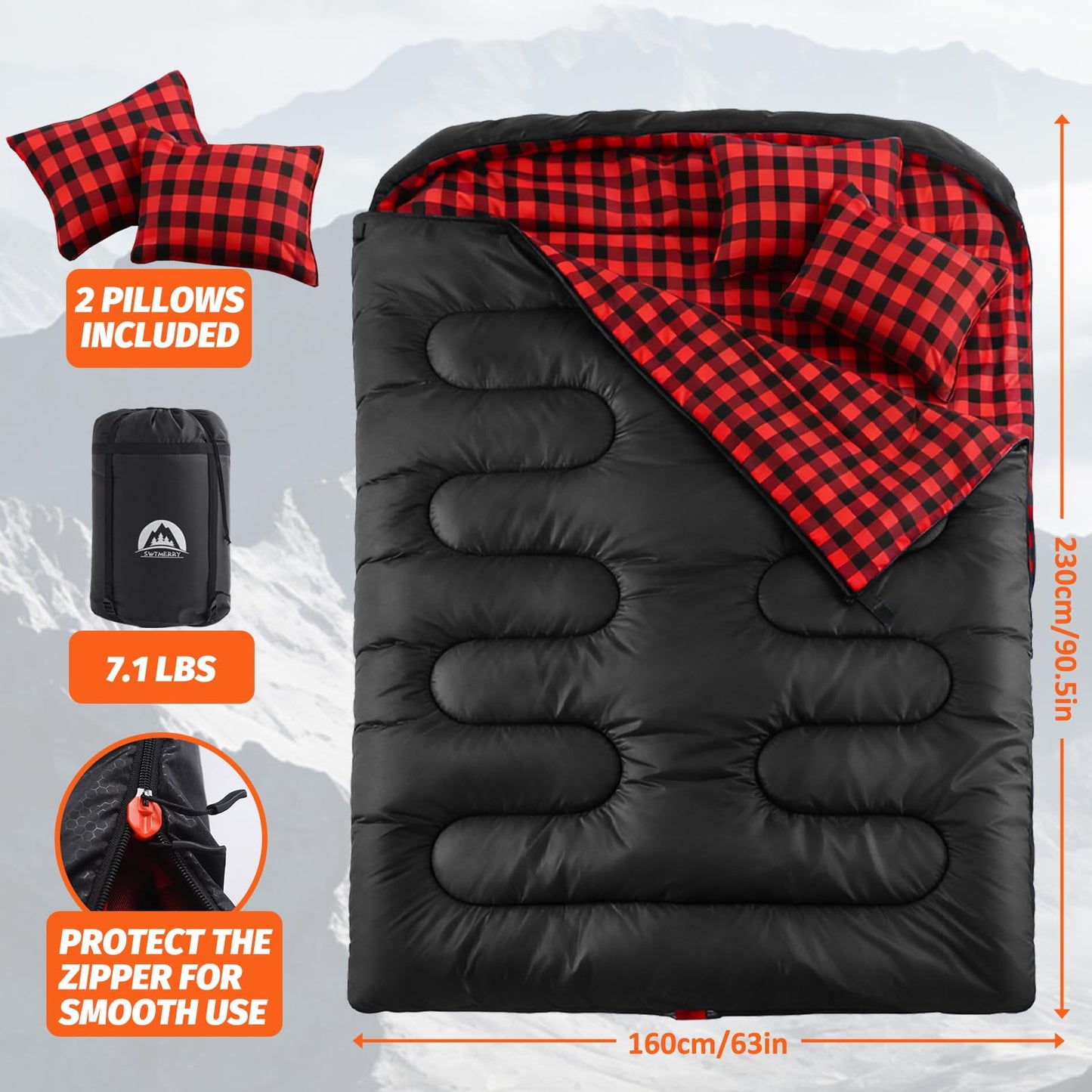 Swtmerry Flannel Double Sleeping Bag for Adults with 2 Pillows Cold Weather, Big & Tall Queen Size