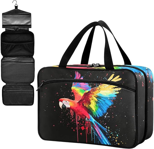 Fustylead Colorful Parrot Flying on Black Background Large Medicine Bag Travel Pill Bottle Organizer with Zipper, Empty First Aid Bag for Camping Hiking Outdoors