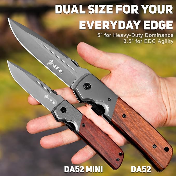 NedFoss DA52 Pocket Knife for Men, 5'' Large Folding Knife, 11'' Survival Knife with Rosewood Handle, Safety Pin, Pocket Clip, Liner Lock