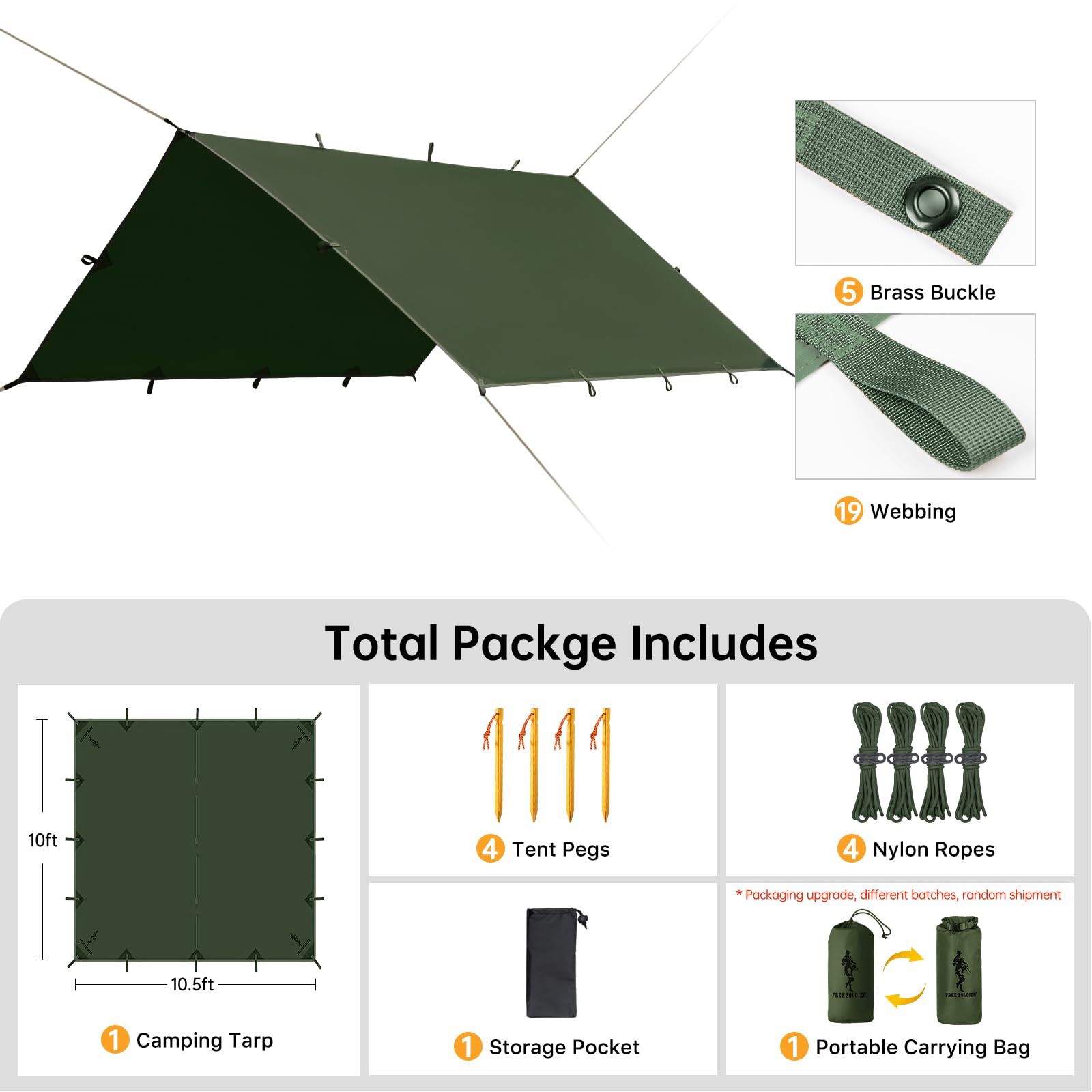 FREE SOLDIER Waterproof Camping Tarp Shelter Awning(Dark Green 10×10.5ft)