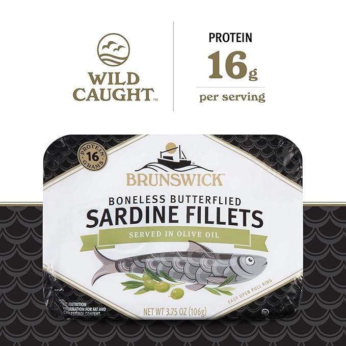 Brunswick Sardines in Olive Oil, 3.75 oz Can - Boneless Butterflied Sardine Fillets - Wild Caught - 17g Protein per Serving - Gluten Free, Keto Friendly