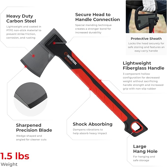 INTERTOOL Hatchet Lightweight for Camp Firewood Splitting & Kindling - Small 14" Wood Chopping Axe