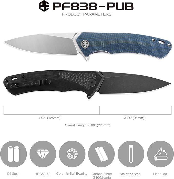 Petrified fish PF838 Folding Knife 3.74" D2 Steel Blade Micarta Handle Pocket Knife for Camping Outdoor EDC (Blue Micarta, Satin)