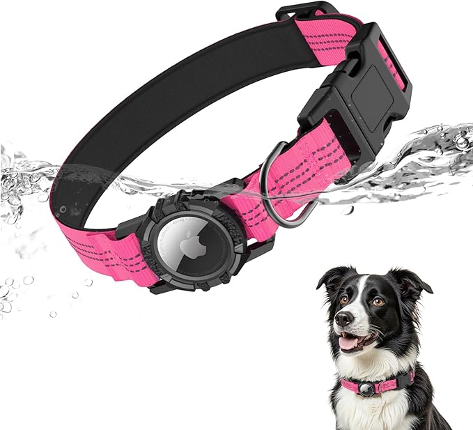 AirTag Dog Collar, IP68 Waterproof Integrated Air Tag Dog Collars with Reflective, Ultra-Durable, Comfortable Padded, Heavy Duty Dog Collars for Small Medium Large Dogs, L (14.8"-20.3"), Pink