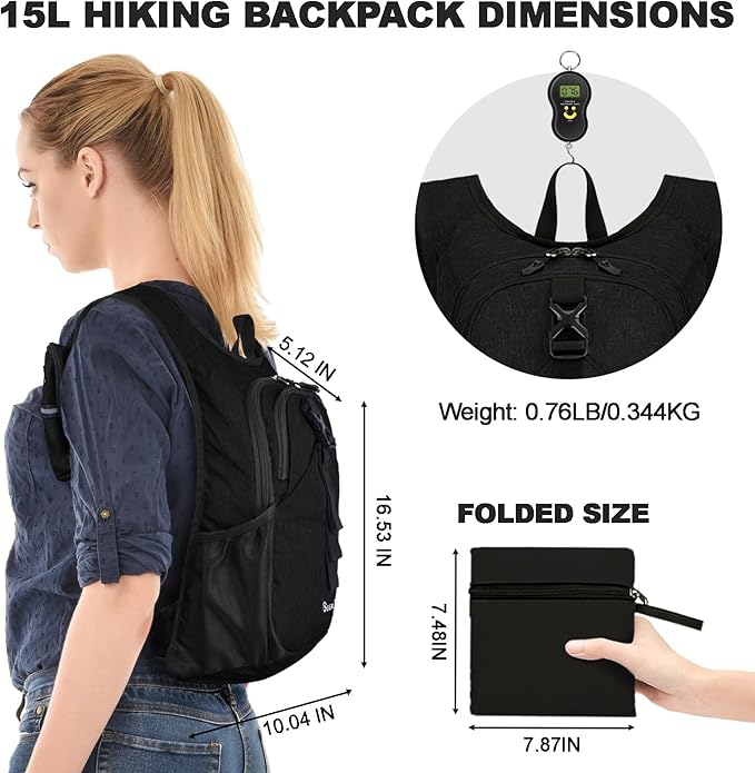 Seektop 15L Small Hiking Backpack for Women Men, Foldable Packable Backpack with Phone Pocket, Lightweight Travel Daypack for Hiking Camping Outdoor (Black)