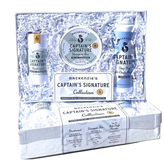 MacKenzie's Captain's Signature Collection Gift Set - Gifts for Fishermen - Gifts for Men - Deodorant - Shampoo Bar - Anti Chafe Powder - Sea Air & Sandalwood