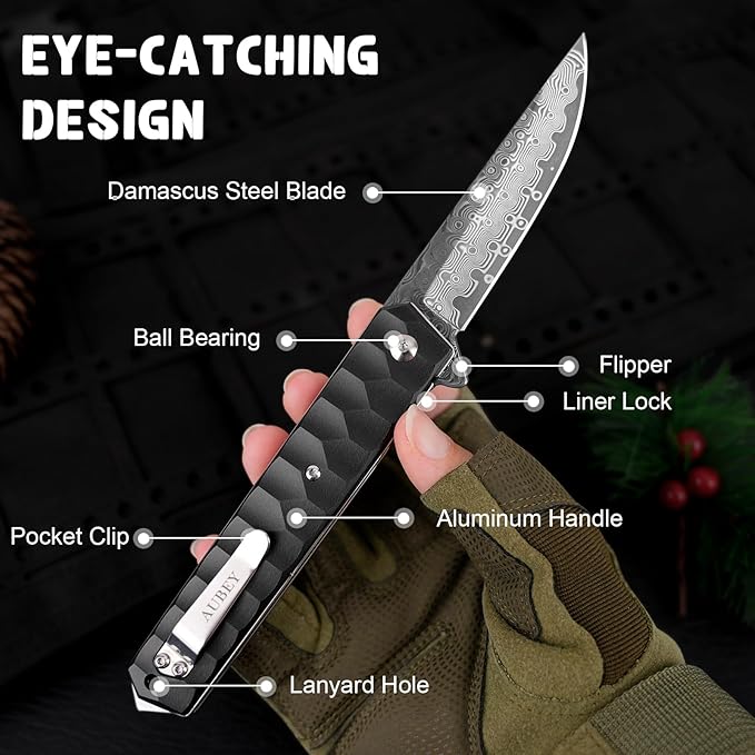 AUBEY Damascus Pocket Knife with Clip, Tanto Blade Damascus Steel Folding Knives for Men Tactical, Aluminum Handle with Glass Breaker for EDC Camping