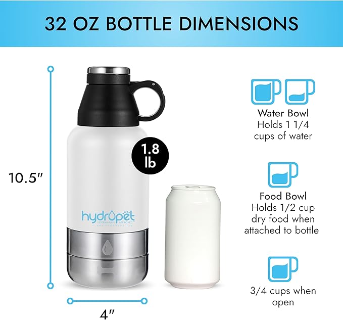 Hydropet Portable Dog Water Bottle (32 oz) - Insulated Dogs & Cats Travel Bottles, Stainless Steel - Detachable Dog Food Bowl and Water Bowl - Great for Daily Walks - Puppy Essentials & Accessories