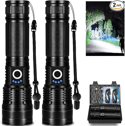 Led Flashlights High Lumens Rechargeable 2 Pack, 99000 Lumen Super Bright Fashlight with 5000ɱAh Βattery, Waterproof Powerful Flash Light Multifunctional Flashlights for Home Camping Hiking