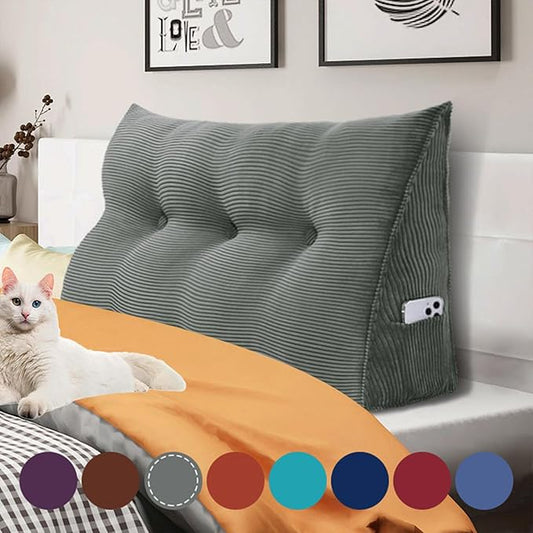 8 lbs Thickened Twin Wedge Pillow Headboard, College Dorm Bed Triangular Reading Pillow, Bed Bolster Pillow for Sitting in Bed, Dorm Bedding Essentials for Girls & Boys, Cordury Gray