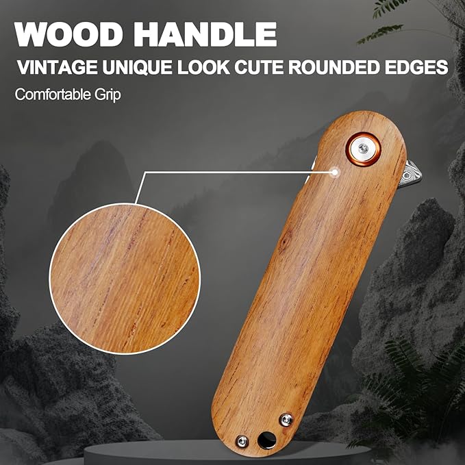 Damascus Pocket Knife, 2.95" Damascus Steel Blade Pocket Knives & Folding Knives, Wooden Handles EDC Knife for Women Men