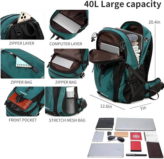 FENGDONG 40L Waterproof Lightweight Outdoor Daypack Hiking,Camping,Travel Backpack for Men Women Dark Green