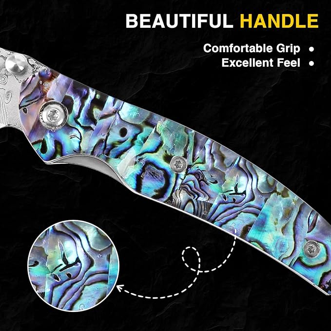 Handmade Damascus Steel Folding Pocket Knife - Abalone Shell Handle, Leather Sheath & Sharpener | Compact EDC Tool for Outdoor, Camping, Gifts
