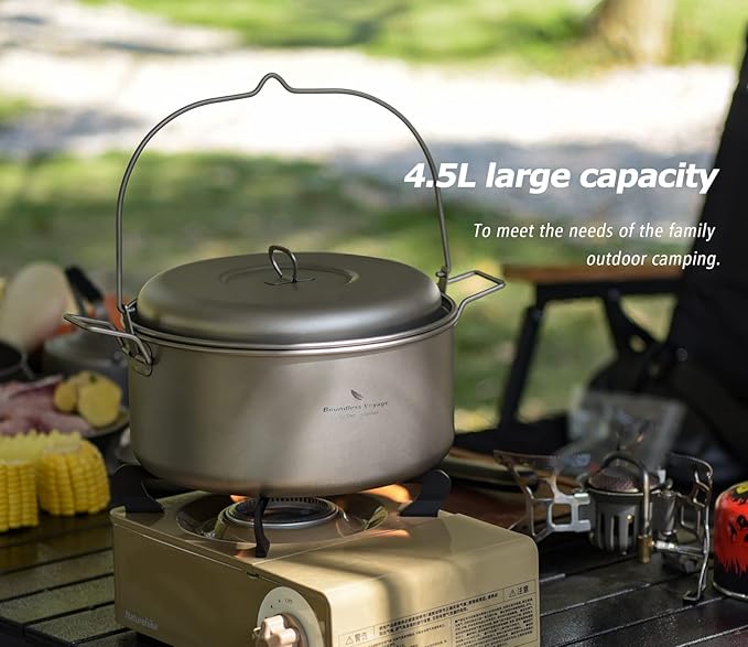 Boundless Voyage Titanium 4.5L Hanging Pot with Steaming Rack Folding Handle Outdoor Camping Cooking Stockpot Steamer Set