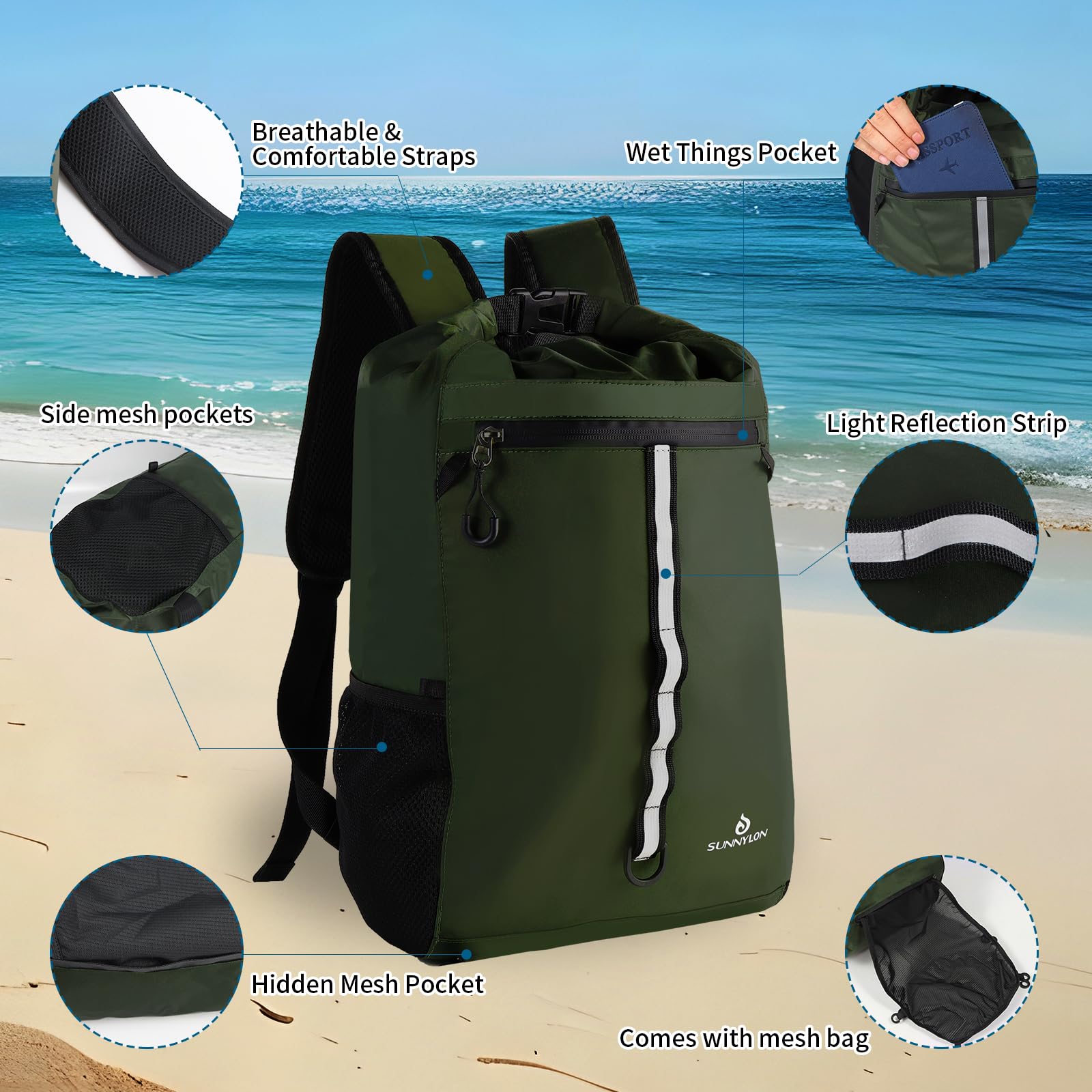 Sunnylon Dry Bag Backpack,20L Dry bags Waterproof Kayaking with Waist Pouch and Phone