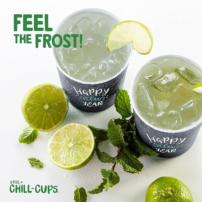 16 oz. Party Cups 'Happy New Year' Champagne Design for Cold Drinks, Durable, Disposable, Recyclable, Made in USA, Gray, 12 Count