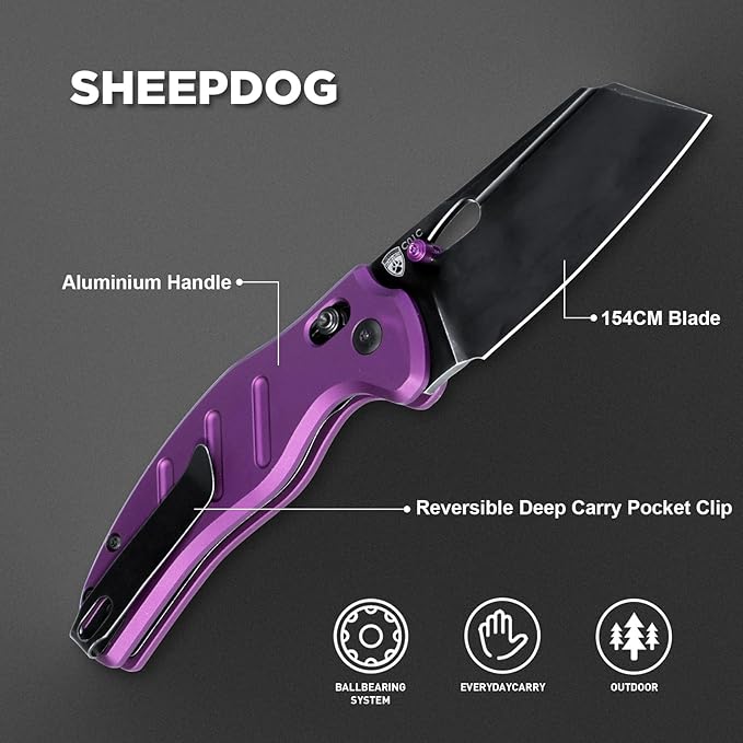 Kizer C01C Sheepdog Pocket Knife, 3.15" 154CM Blade Folding Knife with Durable Purple Aluminum Handle, EDC Camping Knives with Clutch Lock, Hiking Survival Knives with Thumb Stud and Hole, V4488AC1