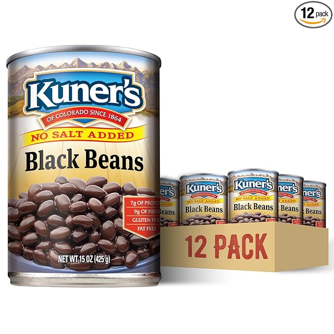 Kuner's No Salt Added Canned Black Beans, Plant Protein and Fiber, Gluten Free, Vegan, Fat Free, 12 Pack of 15 oz Cans