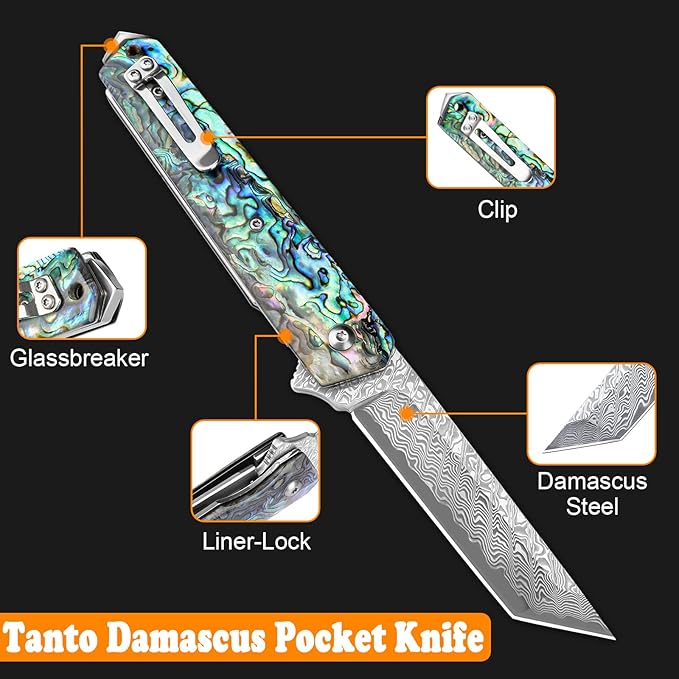 AUBEY Damascus Pocket Knife with Clip, Sharp Tanto Blade with VG10 Core Folding Knife with Abalone Shell Handle and Glass Breaker, EDC Camping Knife for Gift Survival Collection