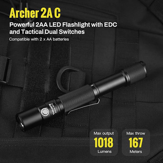 ThruNite Archer 2A C Flashlight, 2AA EDC Tactical Dual Mode Flashlight Rechargeable, 1018 High Lumens Pocket LED Flash Light for Emergency, Camping, Home - Cool White
