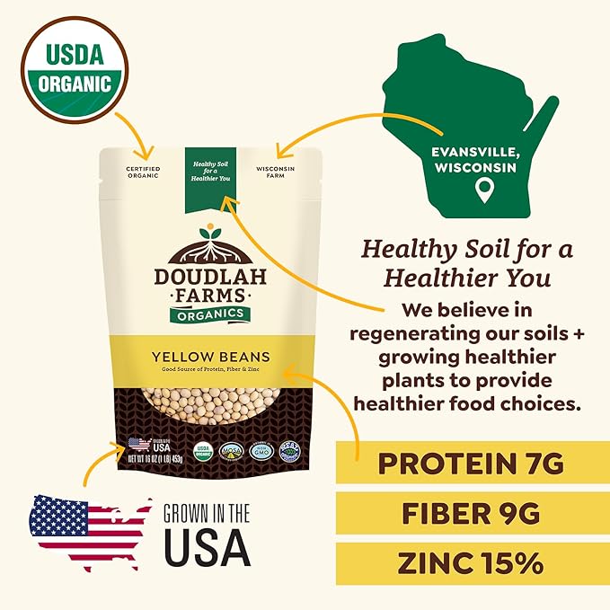Organic Yellow Canary Beans 1 lb - Non-GMO, USDA Organic, Tested Clean Certified, Vegan - Rich in Fiber & Protein for Soups, Burritos, Salads, & Chili - Grown in the USA, Farmed On Regenerative Soil by Doudlah Farms