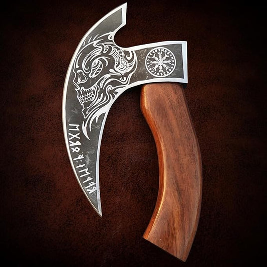 Multipurpose Viking Pizza Axe with Sheath, Viking Butcher Axes, Cutter - Burned Wood Handle & Heavy Duty Skull Head - Perfect for Cutting Pizza, Meat, Vegetables(Skull)