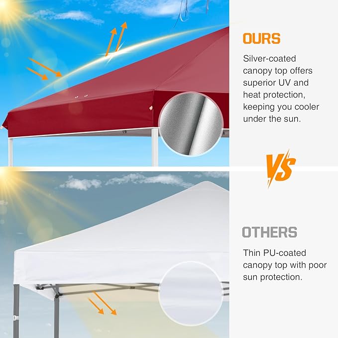 EAGLE PEAK Pop Up Canopy Tent with Wheeled Carry Bag, 8 Stakes, 4 Ropes, 4 Weight Bags, Easy Set Up Tent Canopy, 10x10 ft, 100sqft of Shade, Burgundy