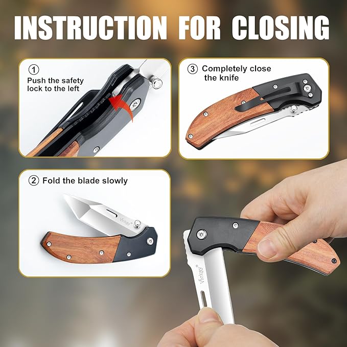 Vickay Pocket Knife, Folding Knife with Clip - 3.54??Tanto Blade, Wood Handle EDC Knife for Men & Women, Outdoor Camping, Tactical, Hiking, Survival - Father?™s Day Gift (Satin Silver)