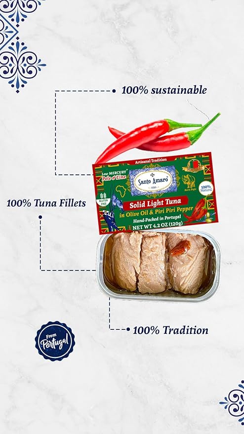 Santo Amaro - Artisanal Wild Tuna Fillets in Olive Oil & Red Piri Piri Pepper, Pole & Line Caught Tuna from Portugal, Hand-Packed Beira-Style Canned Tuna Fish, 22g Protein Keto, Low Mercury, Pack of 3