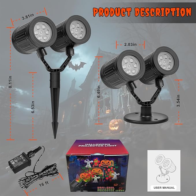 Halloween Projector Lights Outdoor, 2025 Upgraded Double Head Dynamic Rotating Halloween Light Projector Outdoor Waterproof for Home Window Garden Yard Decor