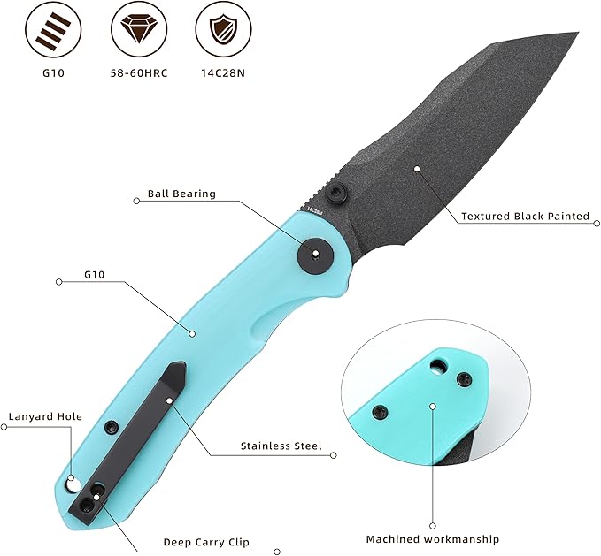 Folding Pocket Knife, 3.35" 14C28N Blade G10 Handle EDC Knife with Liner Lock, Small Pocket Knife with Clip for Men, Sharp Camping Hiking Hunting Survival Knives (Blue)